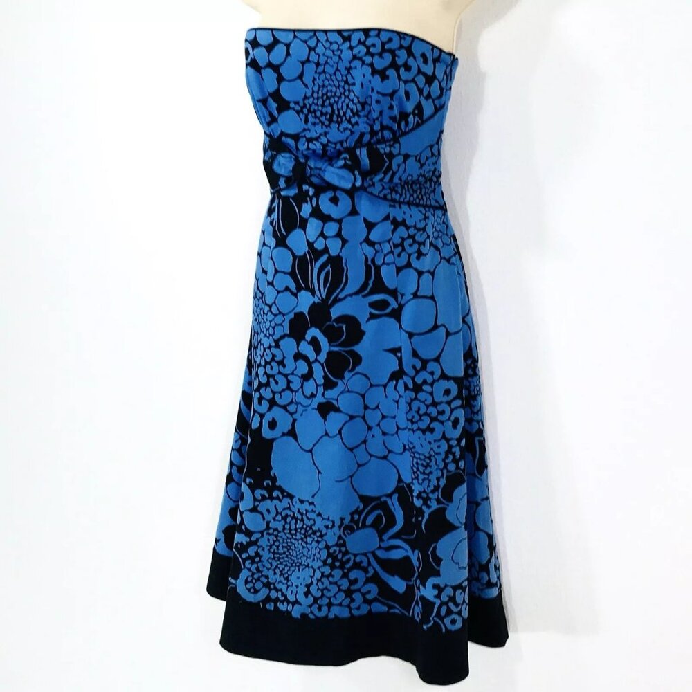 COAST Sz 10 Strapless Dress Blue Floral Fit & Flare Bow Lined Hidden Zipper